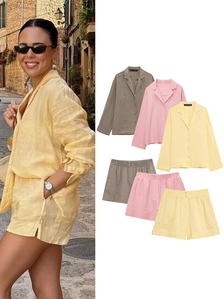 

TFMLN 2 Piece 2025 Summer Women's Shorts Sets Chic Casual Loose Long Sleeve Single Breasted Shirt Straight Shorts Outfits