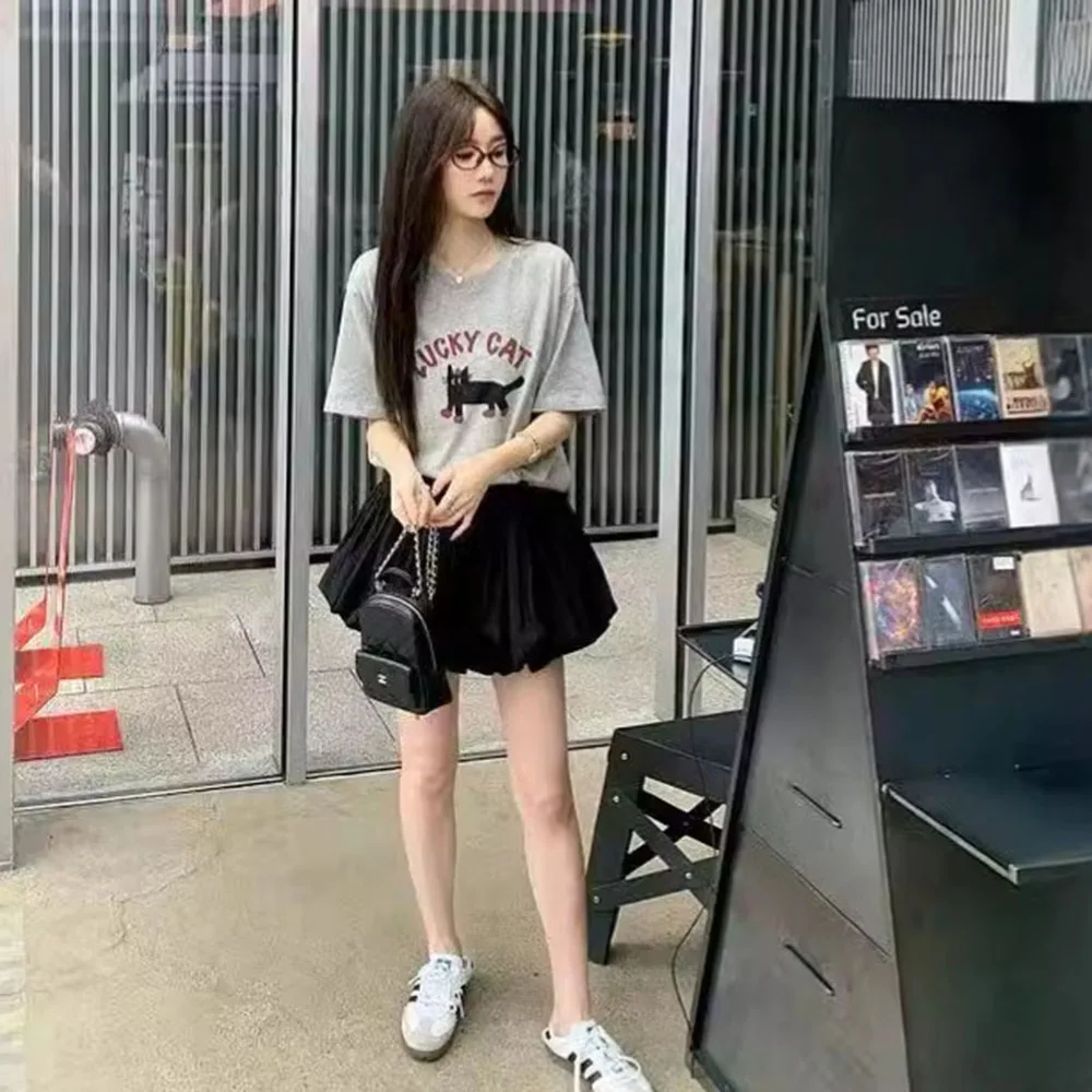المرأة عادية محظوظ القط طباعة المتضخم تي شيرت المرأة فتاة Harajuku تي شيرت موضة الصيف الجولة الرقبة بلايز الملابس