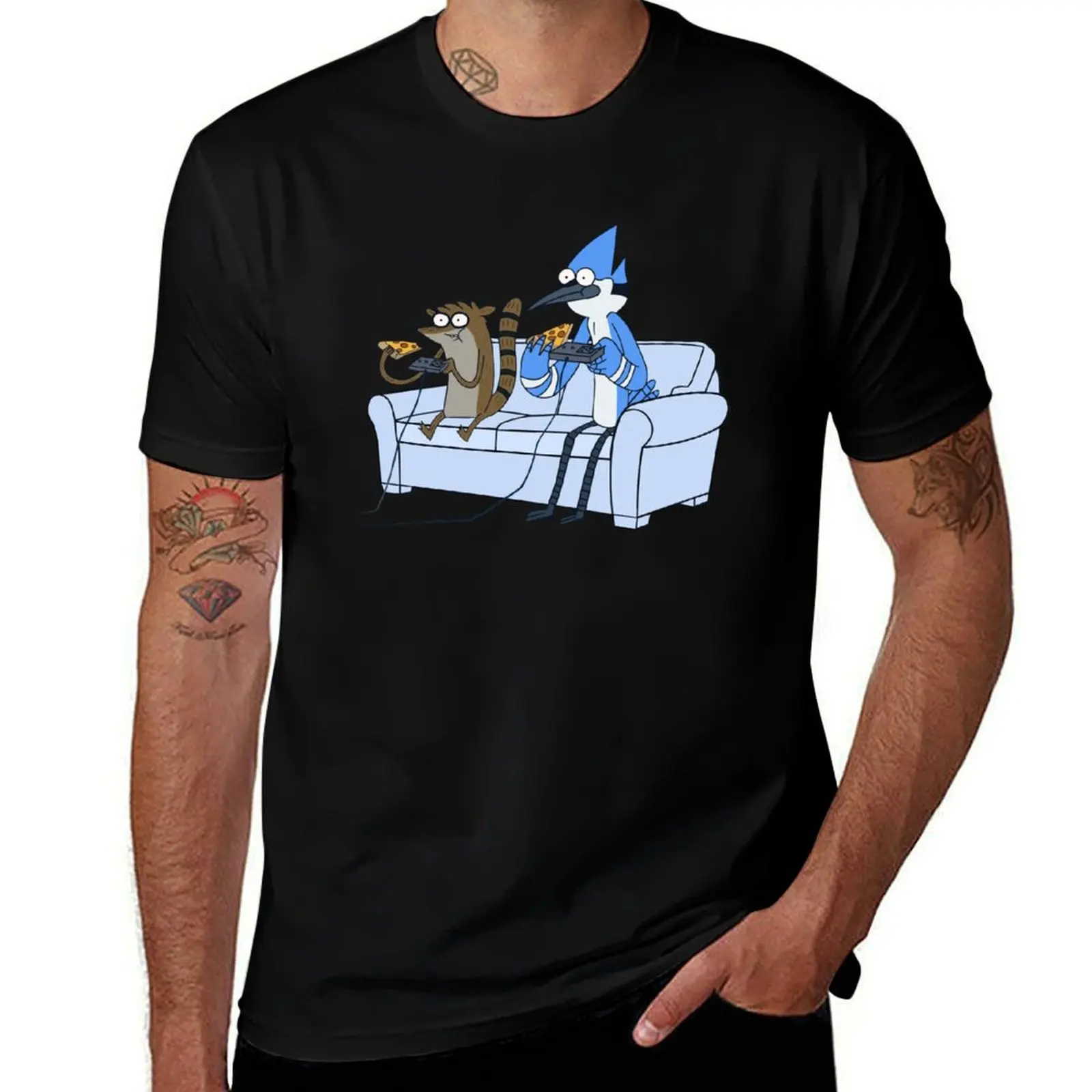 Mordecai and Rigby Pizza and Video Games T-Shirt anime Blouse compression shirt men