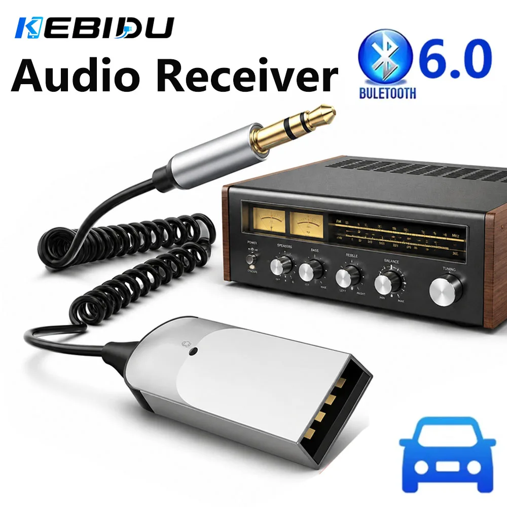 KEBIDU Bluetooth 6.0 Audio-Empfänger, USB auf 3,5 mm AUX-Buchse, kabelloser Adapter, 1 bis 2 Freisprech-Stereo-Musik-Kit, Lautsprecherverstärker