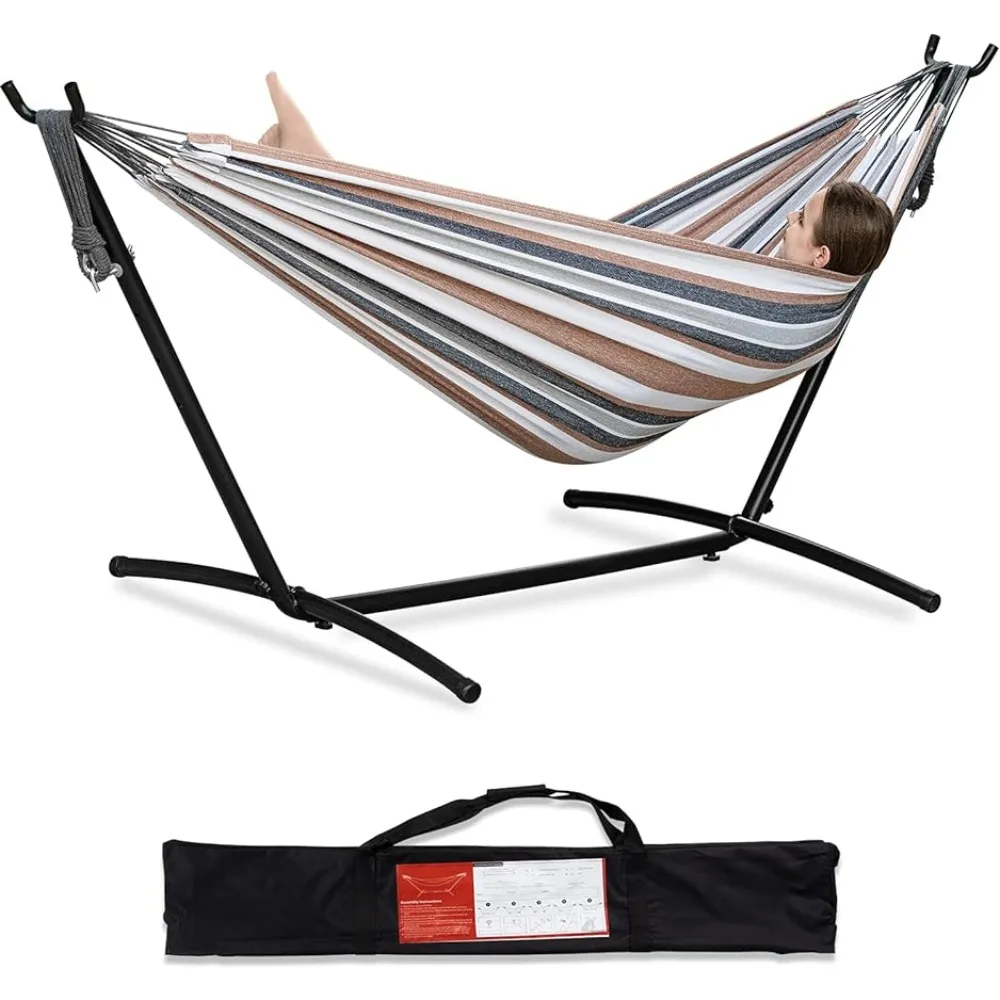 PNAEUT Double Hammock Space Saving Steel Stand Included 2 Person Heavy Duty Outside Garden Yard Outdoor 450lb Capacity Coffee