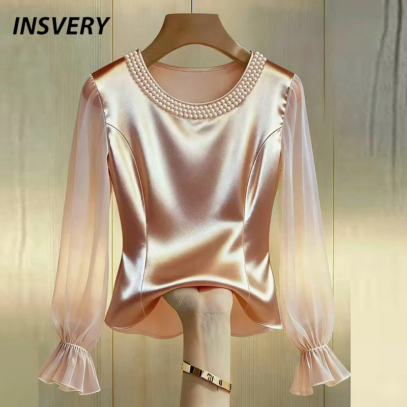 

Spring Summer Mesh Patchwork Long Sleeve Blouse Women Fashion Bead Design Shirt Women Solid Color Loose Pullover Office Lady Top