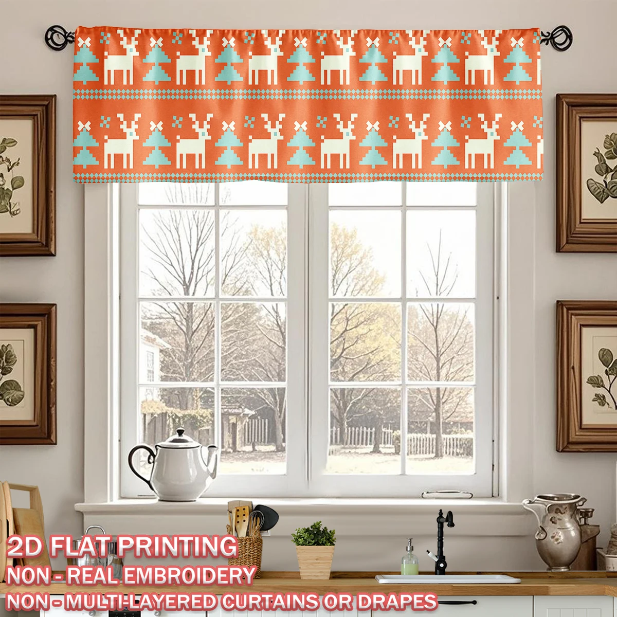 

Christmas Flat Printing Kitchen Window Valance With Christmas Trees Reindeer For Home Party Door Window Decor