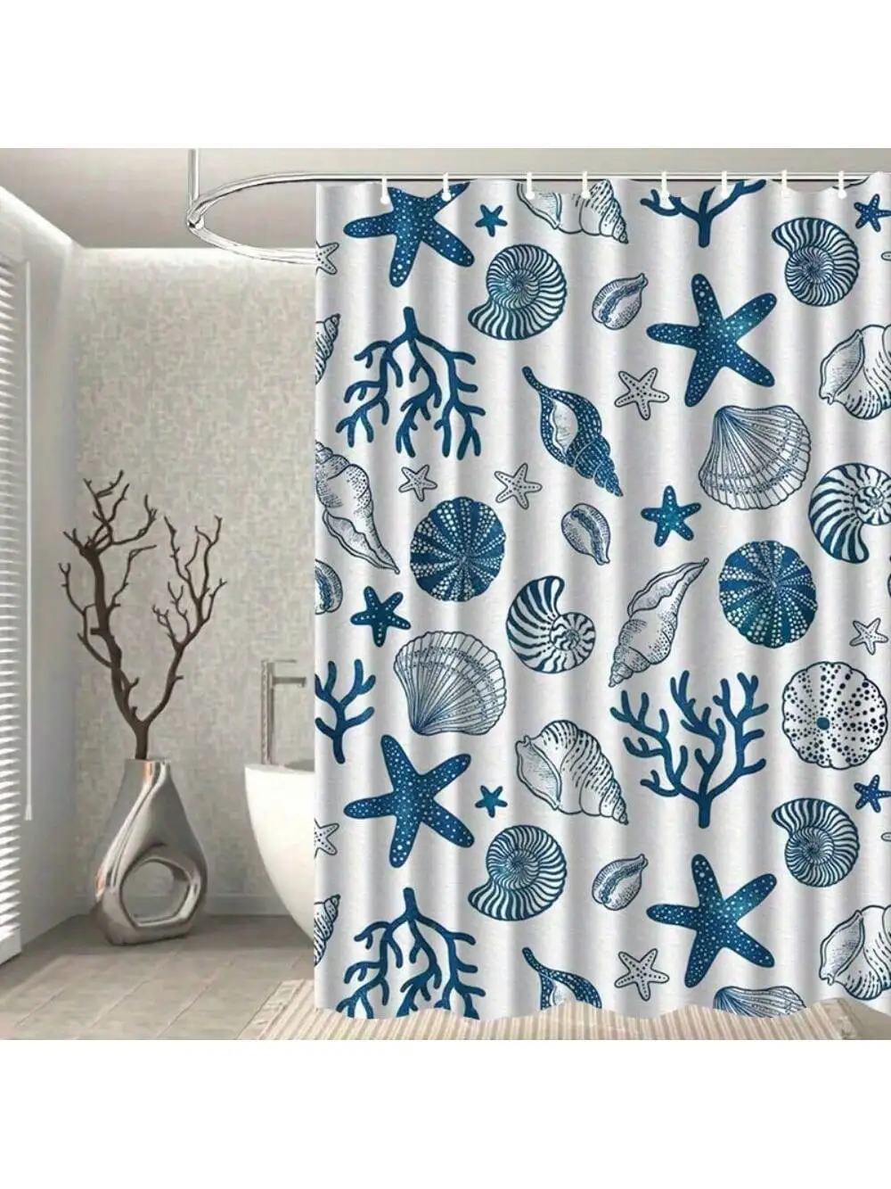 

1pc Mediterranean Coastal Shower Curtain with Hooks - Machine Washable Polyester Bathroom Decor, Artistic Starfish & Seashell Design in Blue & White, Bath Partition for Home or Spa, Shower Curtain Sets for Bathrooms