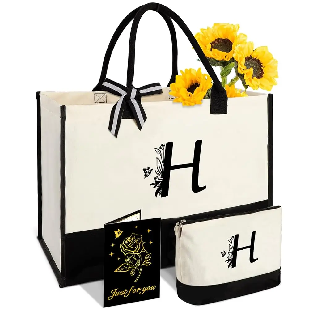 Envío Gratis, Regalos Personalizados para Mujeres - Bolsa de Lona con Iniciales y Bolsa de Maquillaje, Bolsas Personalizadas para Playa, Navidad, Boda, Cumpleaños
