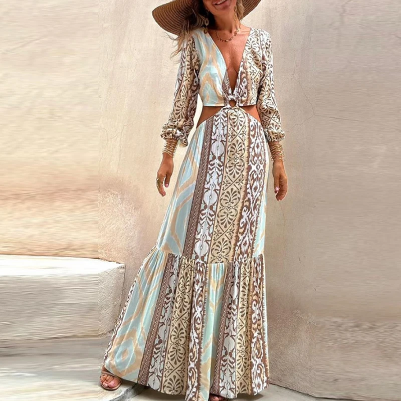 

Sexy Deep V Hollow High Waisted Beach Dress Casual Bohemian Holiday Maxi Dress Spring Summer Long Sleeved Pleated Women's Dress