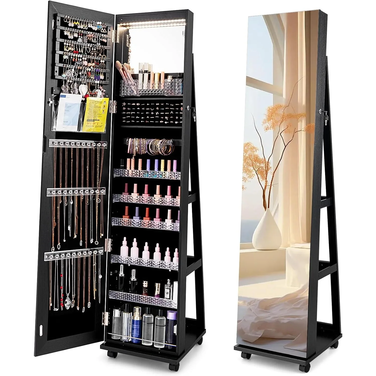 Standing Jewelry Cabinet Armoire with Wheels, Full Length Mirror
