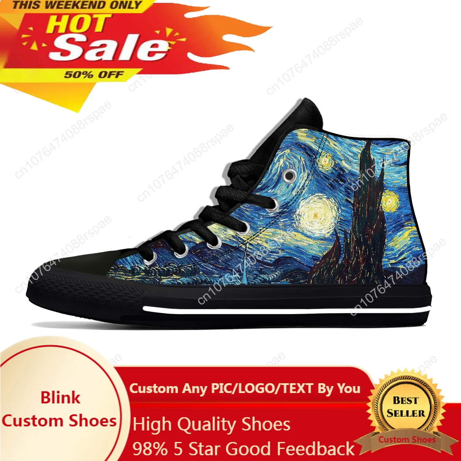 Van Gogh Oil Painting Aesthetic Starry Night Cool Casual Cloth Shoes High Top Lightweight Breathable 3D Print Men Women Sneakers