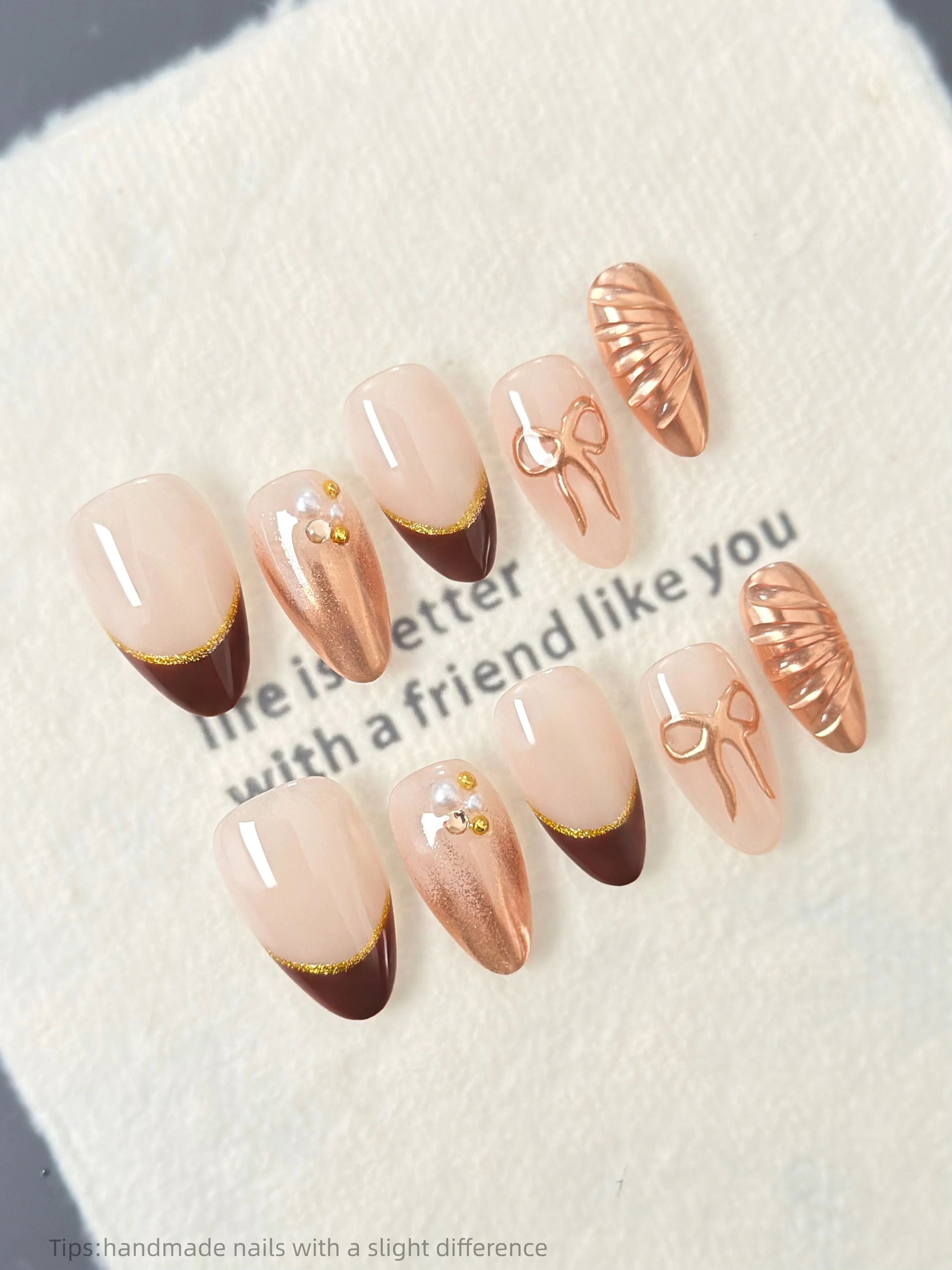 

10pcs Handmade Press on Nails French Chrome Brown Bow Korean False Nails Wearable Full Cover Ins gel Almond False Nail Tips