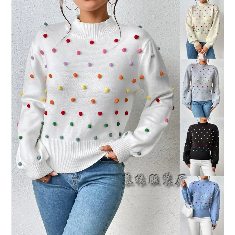 

2025 Winter Casual Colorful Balls Knitted Sweater Women O-Neck Long Sleeve Pullover Ladies Trend Loose Warm Jumpers
