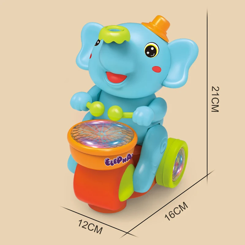 Pequeno elefante música luz tambor brinquedo para crianças, som elétrico, levitação sopro bola, carro de rastejamento multidirecional, bonito e pequeno