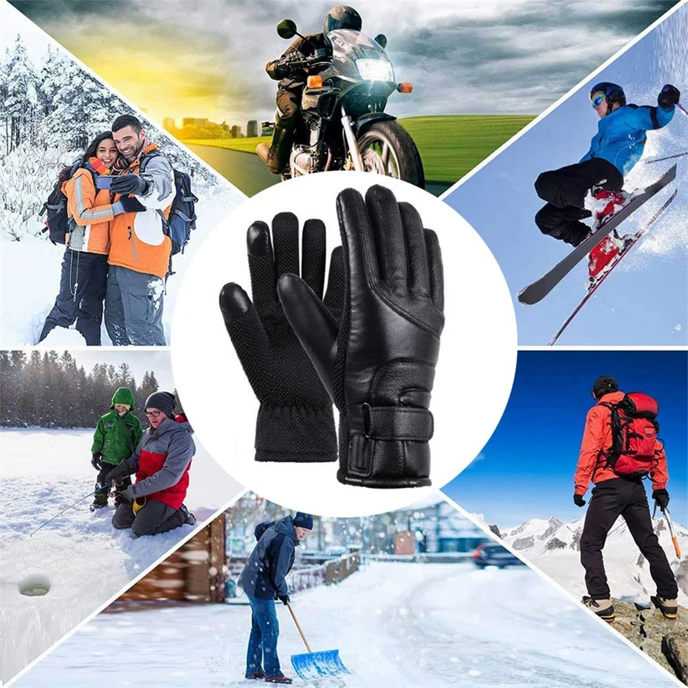 12V Heating Thermal Gloves Waterproof Motorcycle Winter Heated Gloves Thermal Windproof Bike Gloves PU Leather for Skiing Hiking