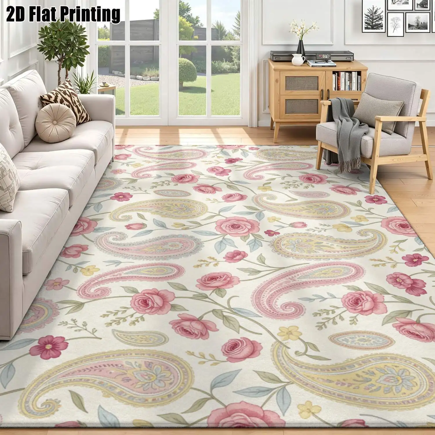 1Pc 2D Printed Carpet: Pink Rose Paisley Vintage Instagram European Style, Home Decor, Multi-Size, Machine Washable, for Entrance, Dining, Foyer, Bedroom, Study, Living Room