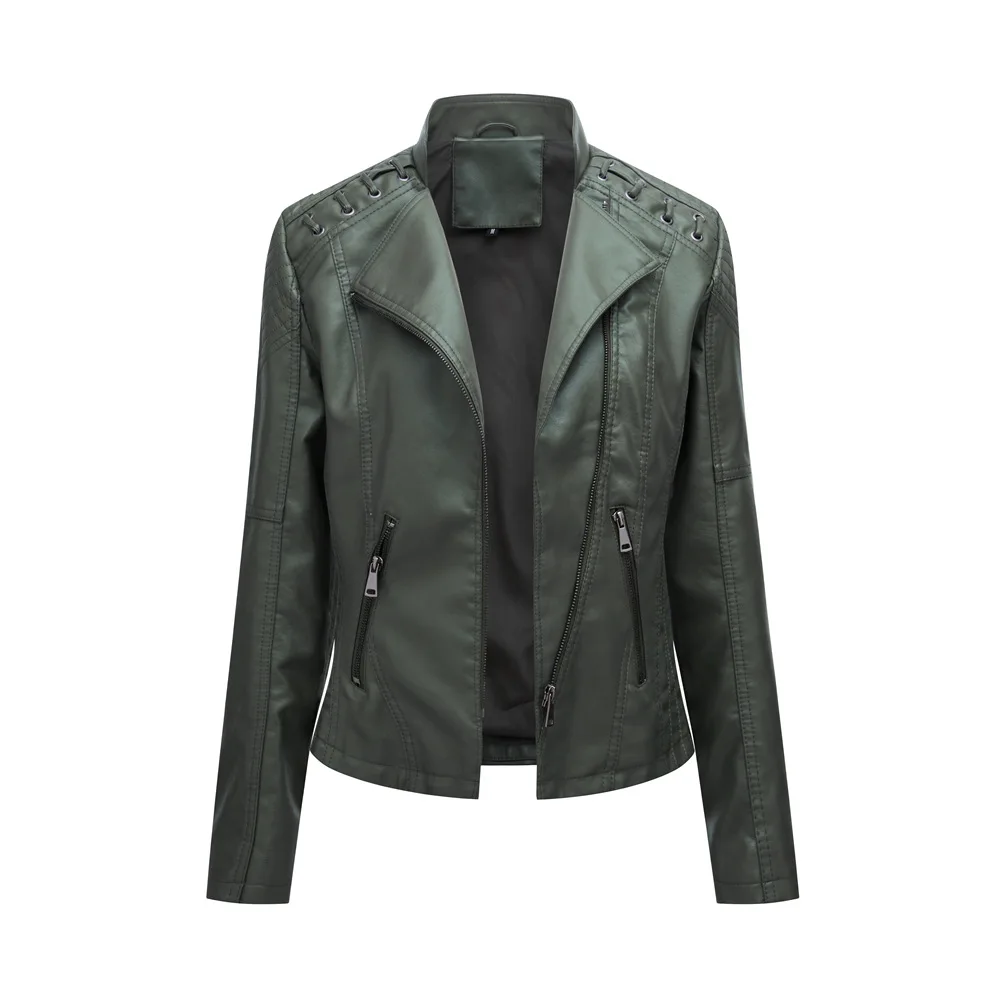 Spring Autumn Leather Jacket Women Slim Fit Motor Biker PU Leather Short Coat Stand Collar Ladies Zipper Outerwear