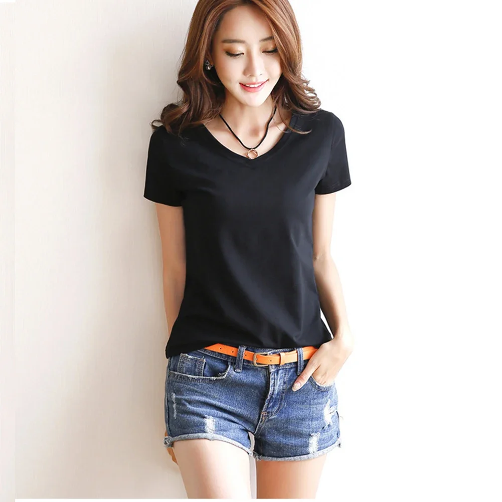 Fashion Women Spring Summer Cotton T-shirt Short Sleeve Female Tee Slim Solid Color T-Shirt Casual Breathable Tops