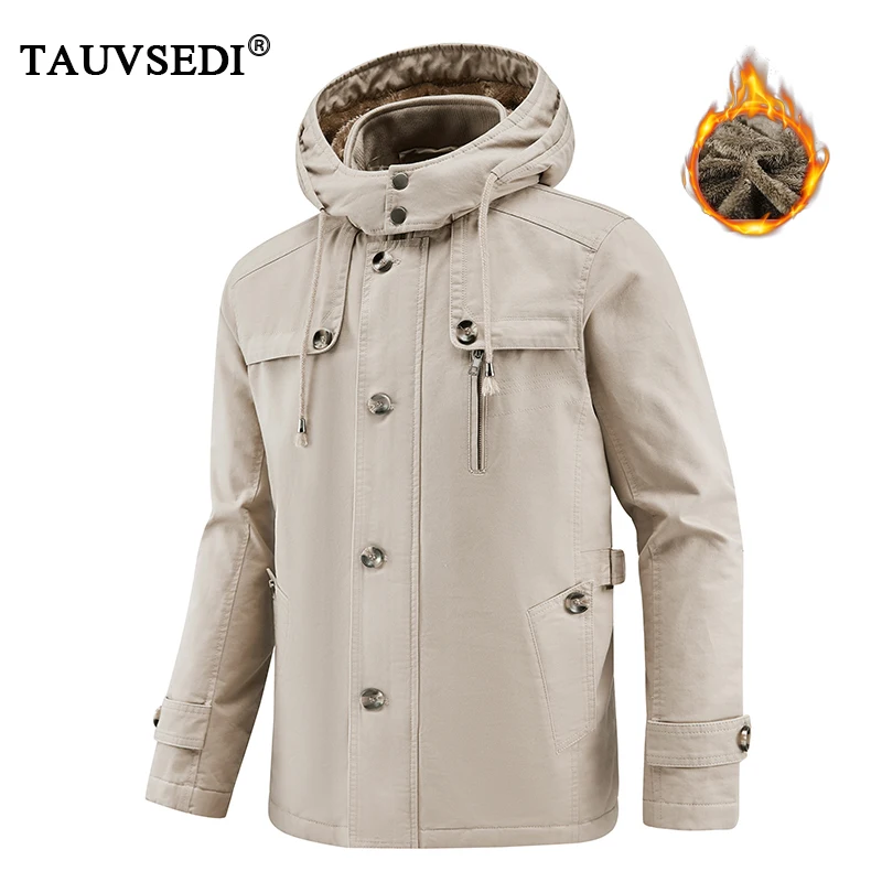 

Winter Men Thick Cotton Outdoor Jackets Men Detachable Hat Cargo Jacket Windbreaker Male Buttons Outwear Windproof Jackets Parka