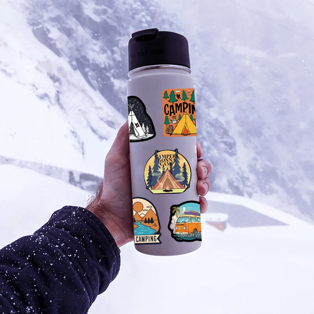 50/100 قطعة الكرتون متعة الرجعية التخييم ملصق جبل عميق النار خيمة على الطرق الوعرة مركبة فن الديكور زجاجة ماء الغيتار الهاتف