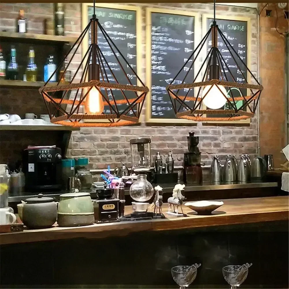 Industrial Vintage Cage Retro Loft Pyramid Hemp Rope Lamp Style Cafe Dining Diameter 25cm Ceiling