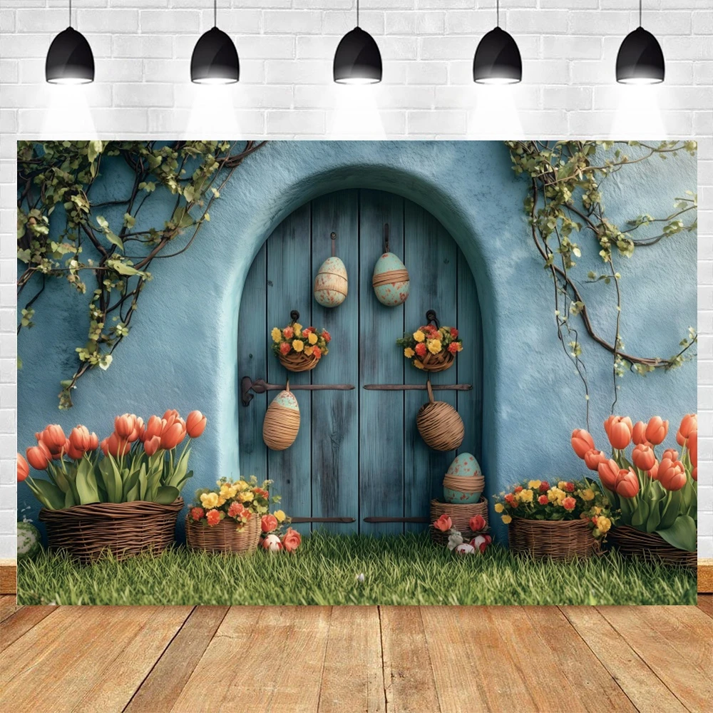 Retro Easter Photography Background Wooden Door Flower Floral Eggs Party Decor Kids Portrait Backdrop Photobooth Studio Props