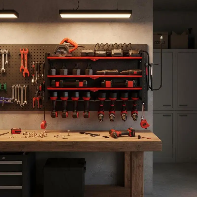 

Free Shipping-Wall Mounted Utility Shelf 33.5"x19.7"x11.8" For Garage Workbench Workshop, 8 Slots Drill Hanger Side Pegboard 4-Layer Heavy Duty Carbon Steel Storage System Integrated 8-Outlet Charging Center 1200W Power Strip Heavy Load Capacity Organizin