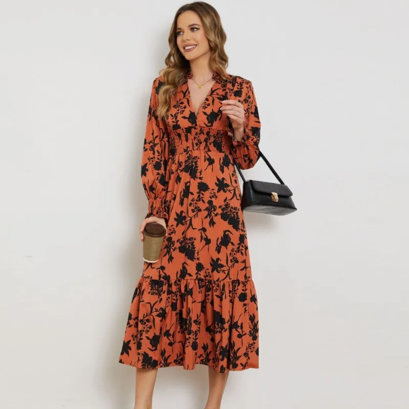 

Orange New Autumn Long Dress For Women 2024 V Collar Pullover Lantern Sleeves A-line Floral Print Elegant Ladies's Dress Vestido