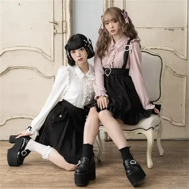 Japanse Schattige Dames Lange Mouwen Strik Shirt Herfst Lieve Meisjes Diamanten Gesp Prachtige Blouse Shirt Lolita Tops