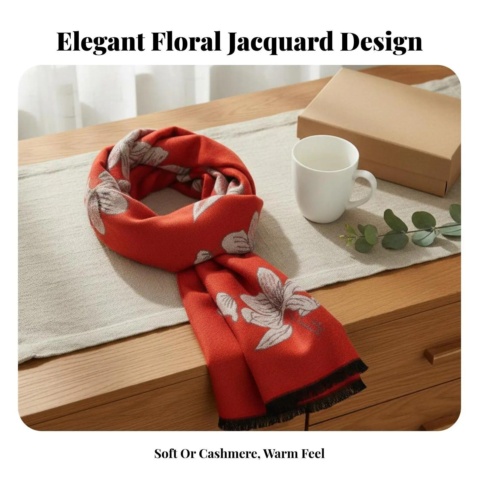 Jacquard Floral Scarf Great Gift Women's Warm Scarf Soft Touch Fringed Flower Pattern Wrap for Mom, Grandma, Autumn, Cold