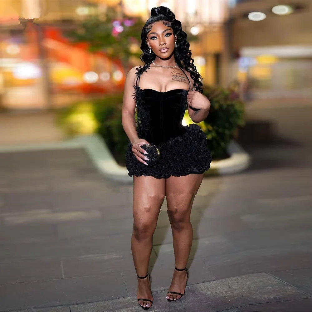 

Black Girl Prom Dresses Luxury Velvet Mini Birthday cocktail Dress Women Ruffles Tiered Vestidos Para Mujer De Noche Customized