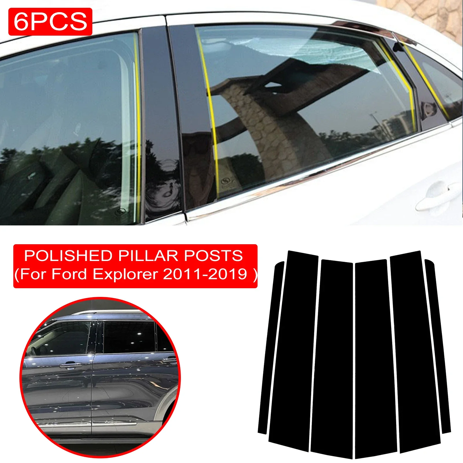 

6PCS Polished Pillar Posts Fit For Ford Explorer 2011-2019 Window Trim Cover BC Column Accessories Sticker Gloss Black