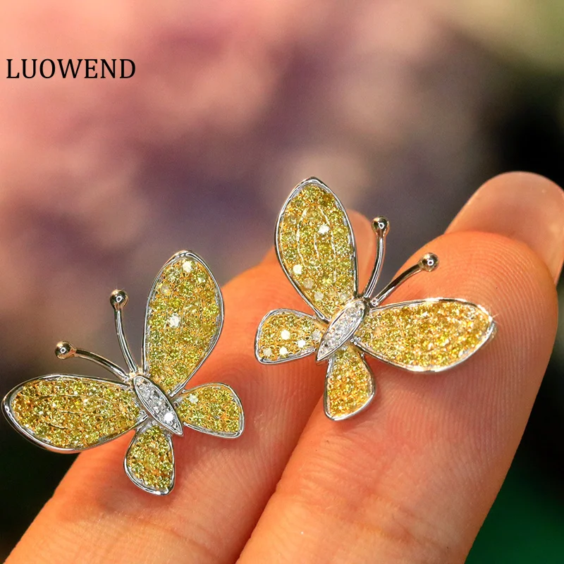 

LUOWEND 18K White Gold Earrings Real Natural Yellow Diamond Fine Beautiful Butterfly Shape Stud Earrings Engagement for Women