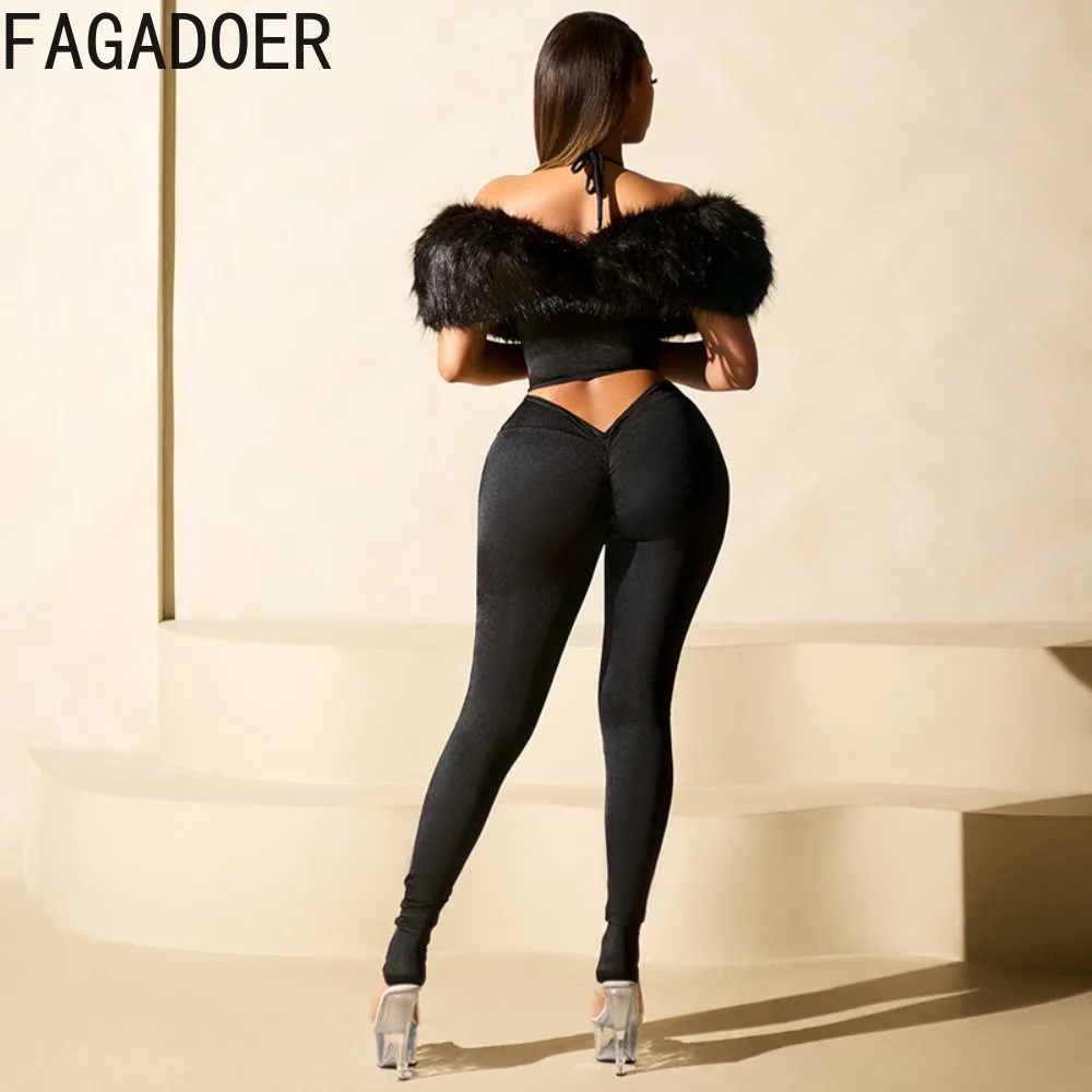 FAGADOER Sexy Pelz Patchwork Zwei Stück Outfits Frau Halfter Ärmelloses Backless Crop Top und Leggings Weibliche Streetwear Kleidung