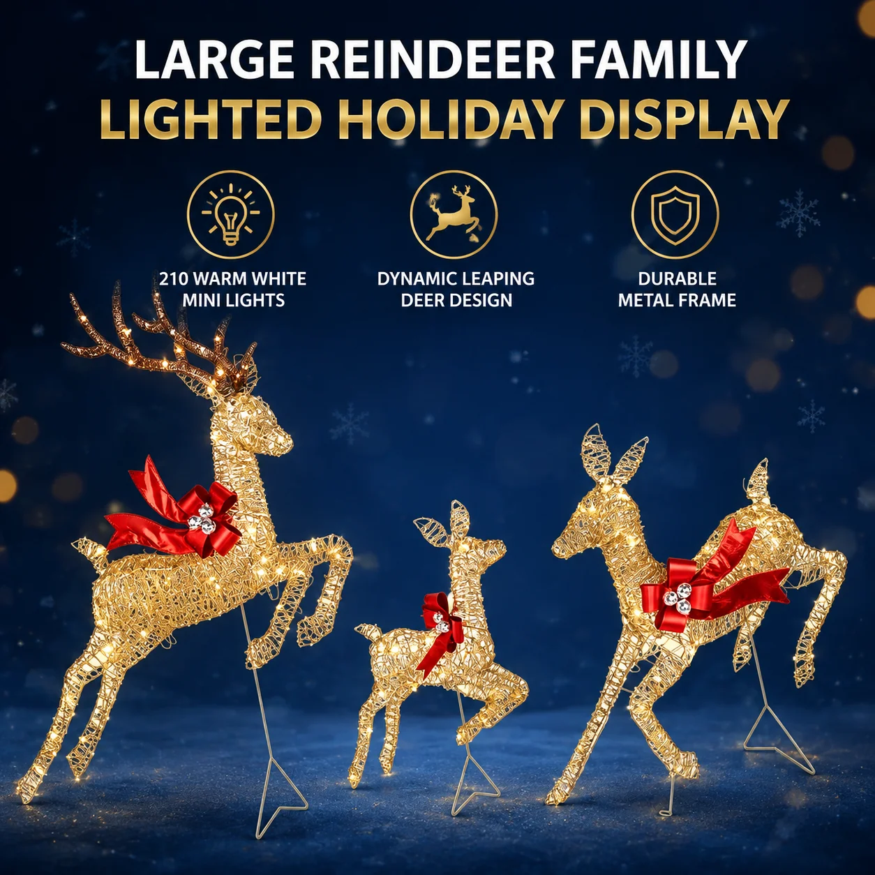 Metal Frame Deer Family Lighted Holiday Displays, Warm White LED Light String, 210 Total Bulbs, Holiday String Lights, Porch Festive Light Decorations: Courtyards, Stairs, Stores, Restaurants, Office, Christmas Decorations