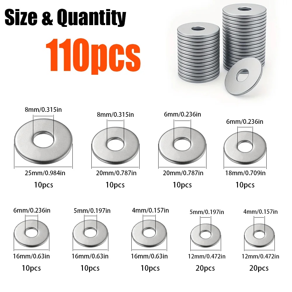 110 Large Wide-Body Stainless Steel Flat Washers M4,M5,M6,M8, for Home Maintenance, Shop Repairs, and Outdoor Building Repairs