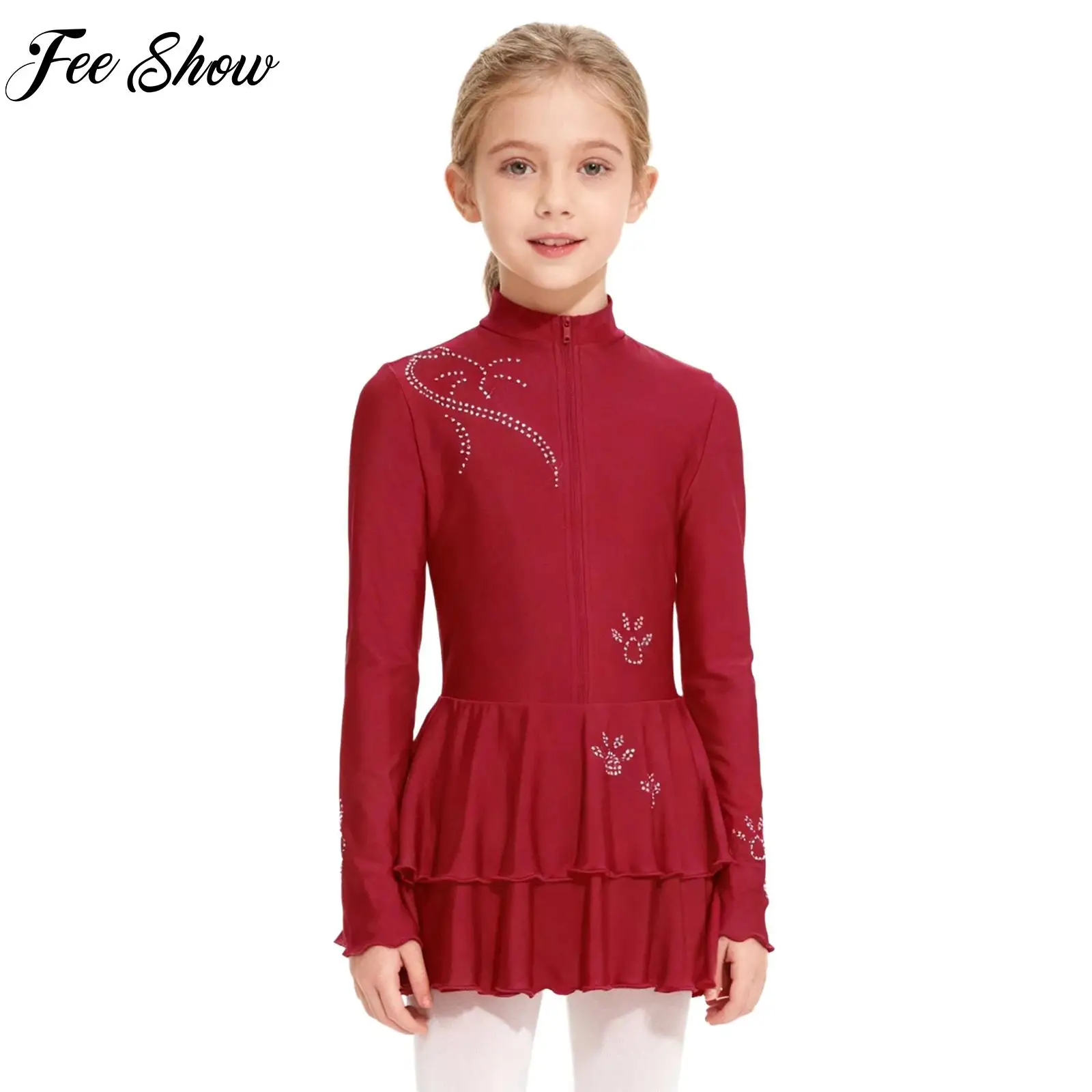 

Kids Girl Figure Ice Skating Leotard Dress Shiny Rhinestones Long Sleeve Front Zip Dress Gymnastics Lyrical Modern Dance Clothes