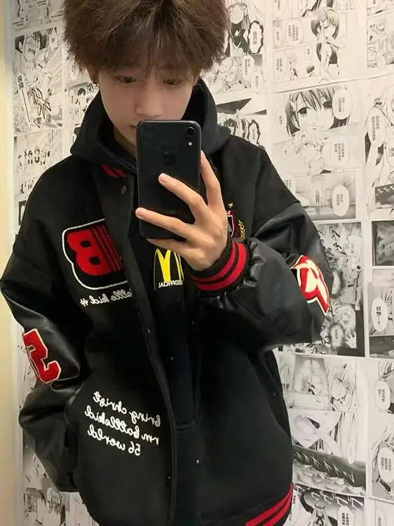 

Early Autumn Men's Baseball Jaet Hip Hop Embroidery Patchwork Flight Coat Loose Fit Color Blo Polyester Fiber Warmth