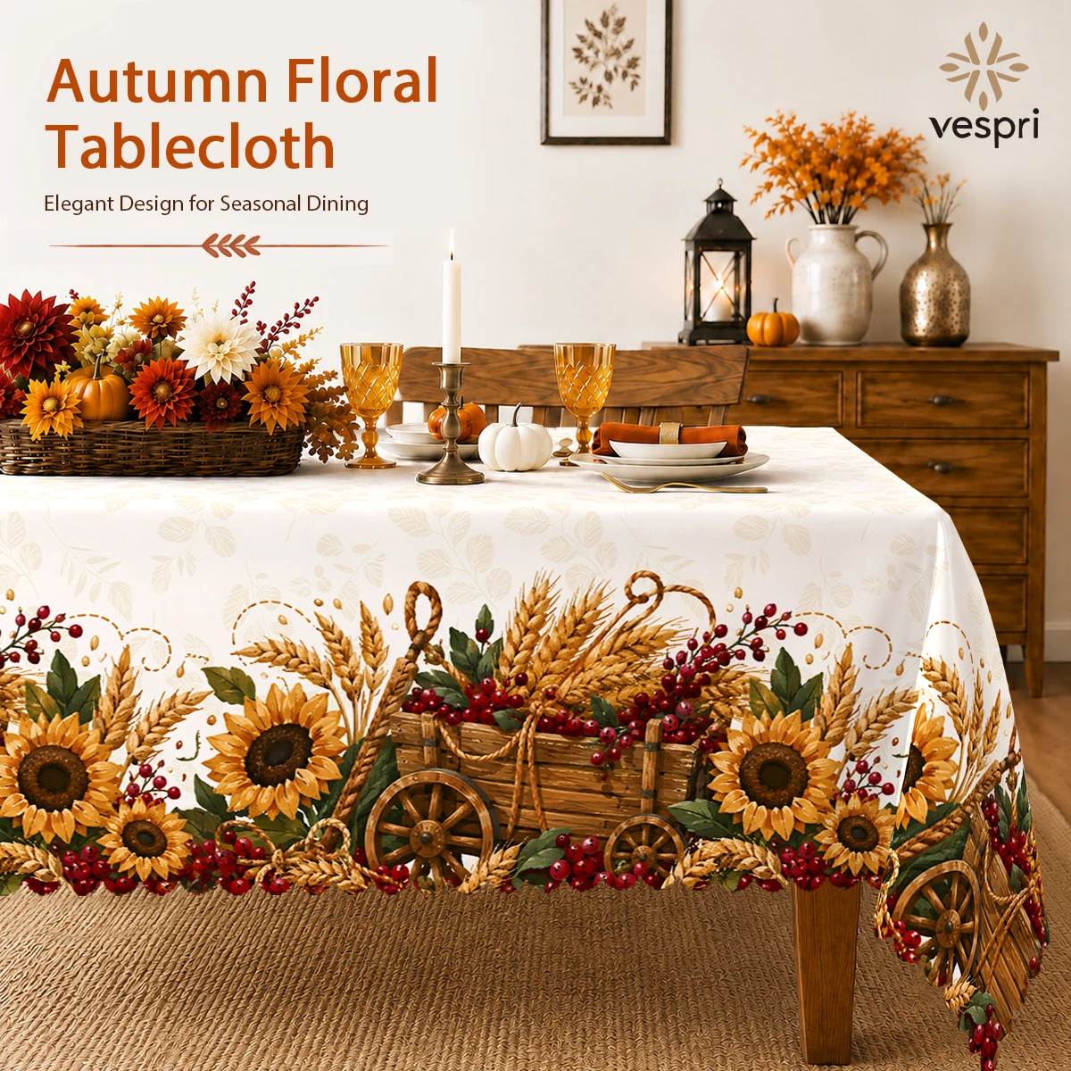 Country Tablecloth with Sunflowers & Harvest Carts for Indoor/Outdoor Camping decor, Rectangular/Round/Oval