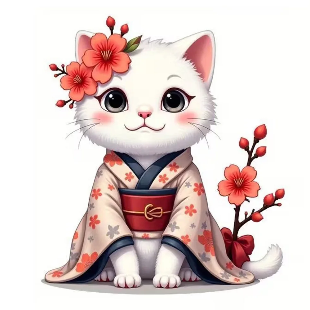 

Kimono Kitten and Cherry Blossom Self-Adhesive Stickers, Bedroom Entryway Living Room Porch Home Decoration Wall Stickers