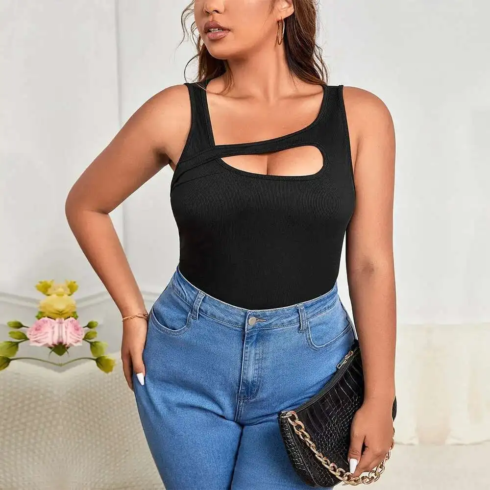

Large Size Women's 2025 New Ins Style Asymmetrical Shoulder Strap Hollowed Out Slim Fit Solid Color Vest Top Blouses Woman Y2k