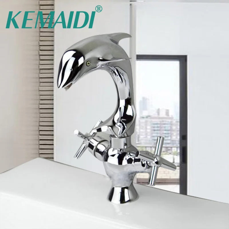 KEMAIDI Bathroom kitchen Faucet Mixer Tap Dolphin Deck Mounted Dual Handle Single Hole Brass Chrome Polished Faucet Waterfall