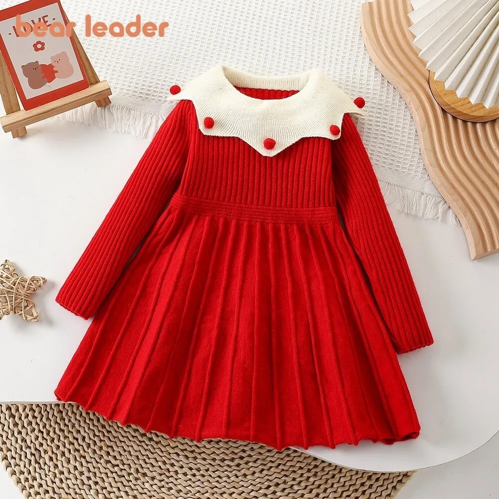 Bear Leader Red Christmas Dress Winter New Years Girls Clothes Lapel Long Sleeved Wear Sweater Dresses Kids Knitting Clothing