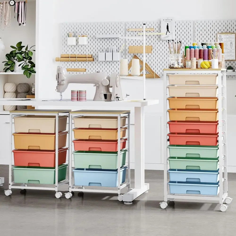 10-Drawer Mobile Storage Cart with Wooden Top for Classroom and Craft Organization