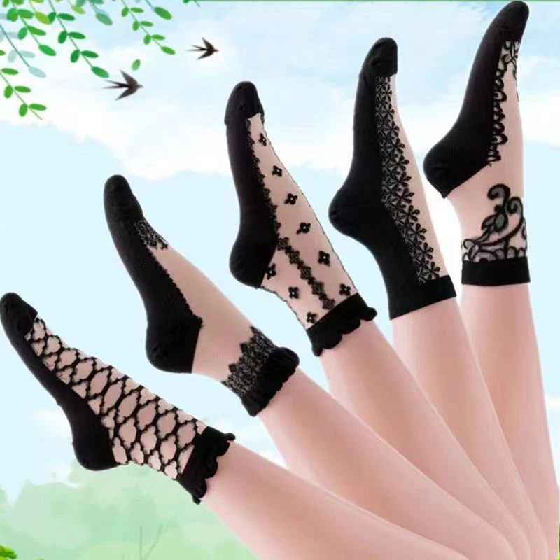 

5pairs of summer thin black yellow silk crystal stockings glass silk women's socks mid tube socks