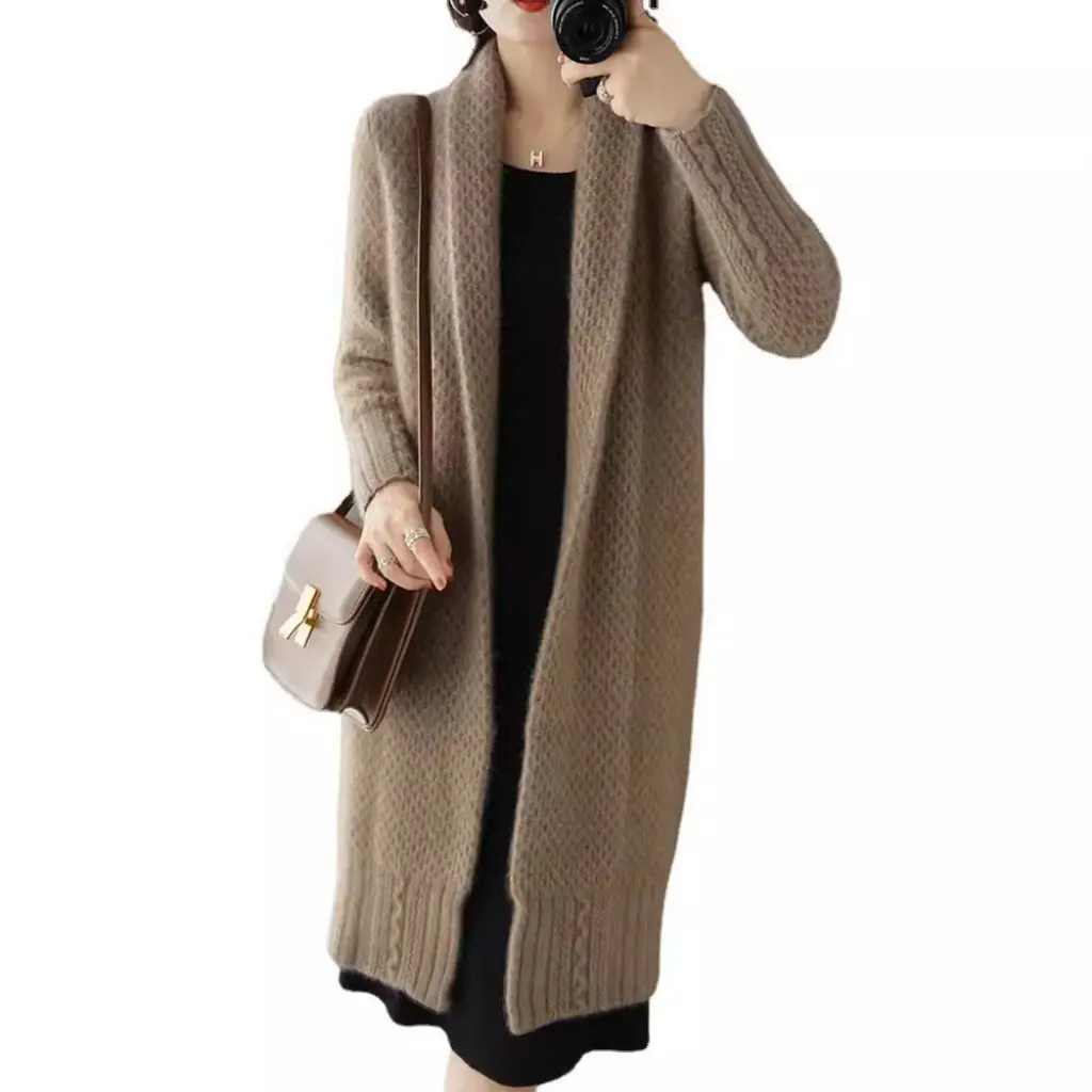 

Женское шерстяное вязаное пальто с v-образным вырезом, осень-зима, утолщенное, средней длины, выше колена, стиль тяжелой промышленности, новинка