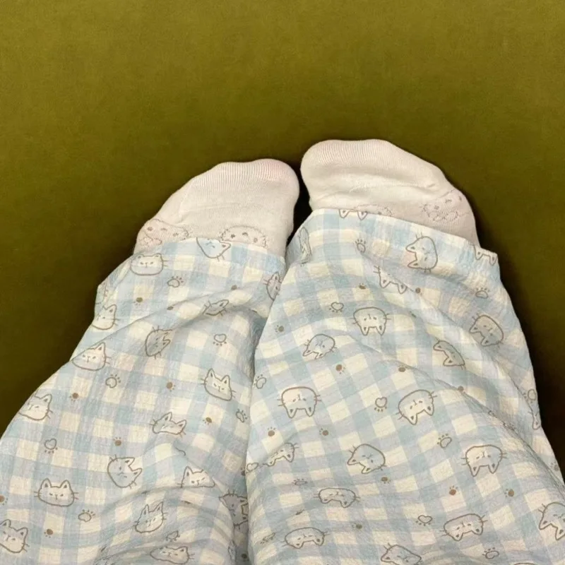 Blue Plaid K Cat Cute Cartoon Lazy Woman Autumn Casual Loose Trousers Walking Trousers Can Be Worn Outside Pajama Trousers Woman