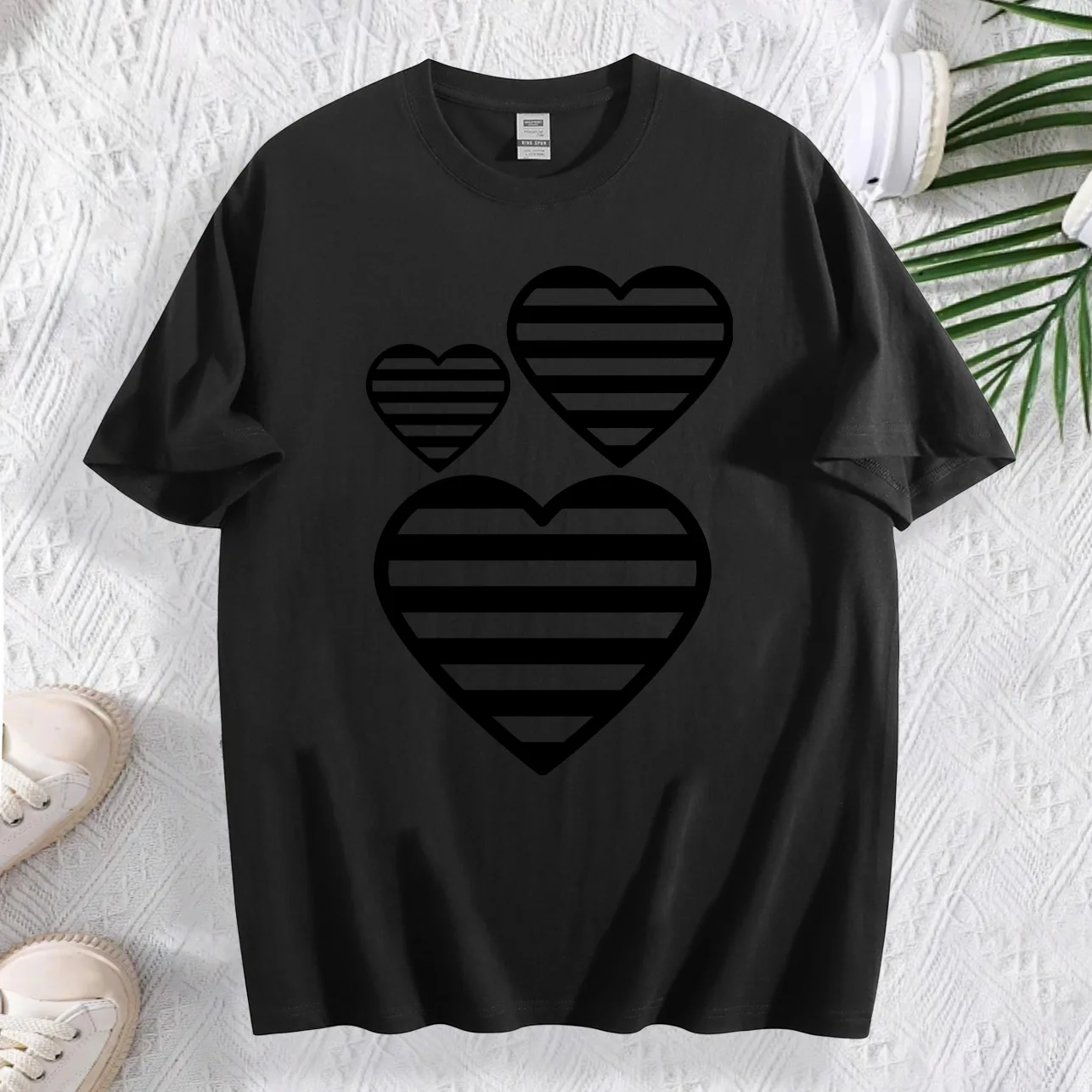 Three Lines of a Heart レディース グラフィック Tシャツ 180g コットン クルーネック 半袖 Tシャツ カジュアル ブラック 夏 日常着