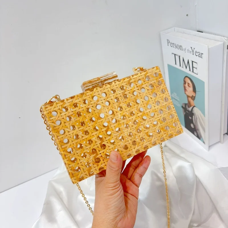

2025 New Women Rattan Acrylic Box Cane Bag Woven Bag Chain Shoulder Crossbody Bag Evening HandBag Versatile Designer Wedding Bag