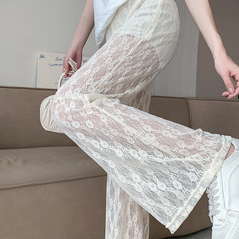 Romantic Vintage Lace Underwear High Waist Wide Leg Pants Anti Exposure Casual Straight Leg Trousers for Women