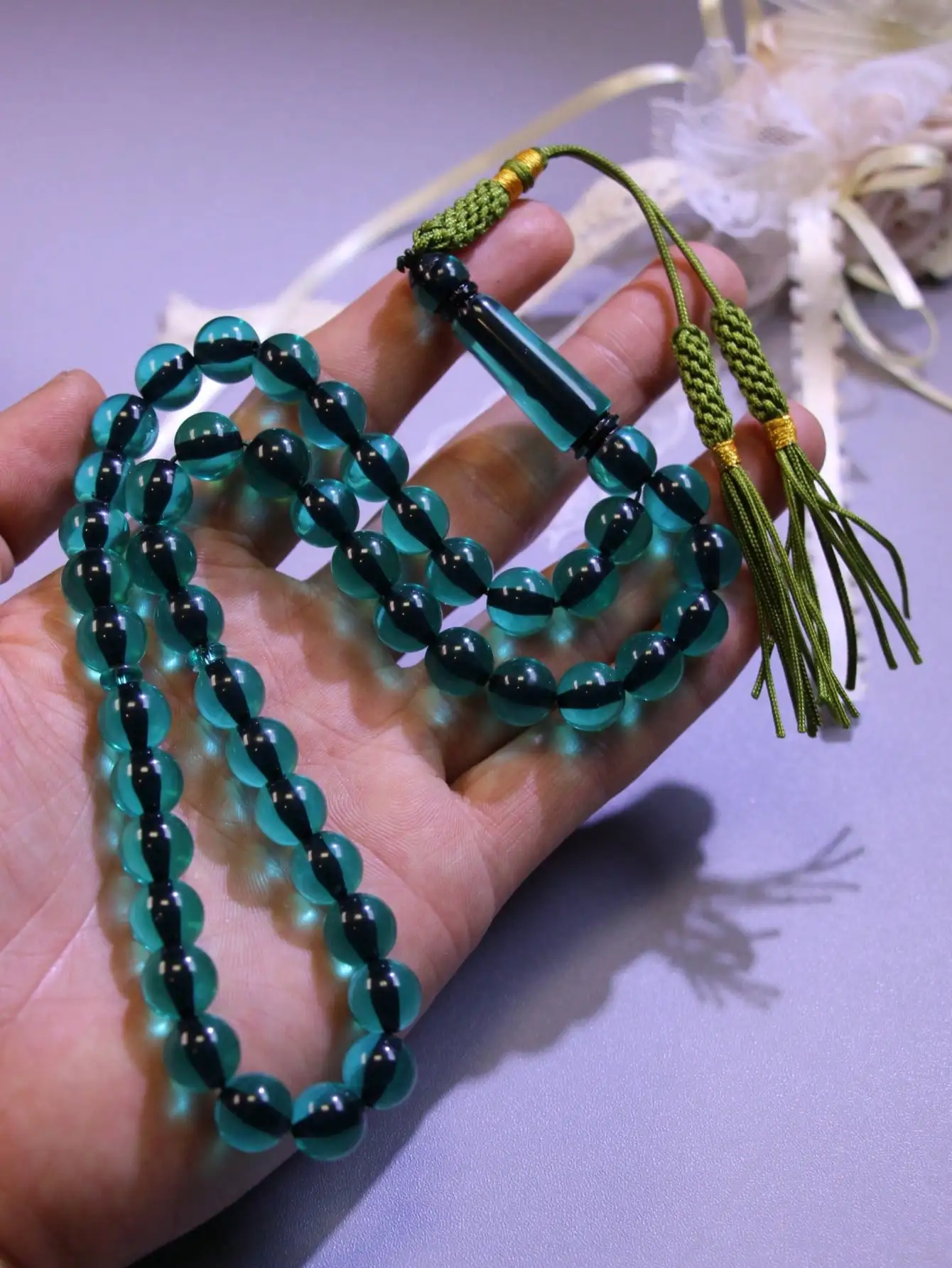 1PC Crystal Green 45Pcs 10mm Tassel Pendant Islamic Prayer Beads Resin Hand Woven Muslim Tasbih Perfect for Eid al-Fitr Ramadan - view 3