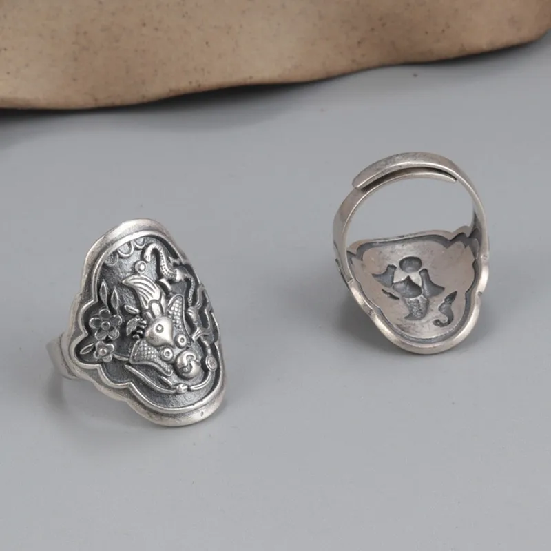 S925 sterling silver burnt blue retro small Buddha index finger ring wide-faced ethnic style jewelry