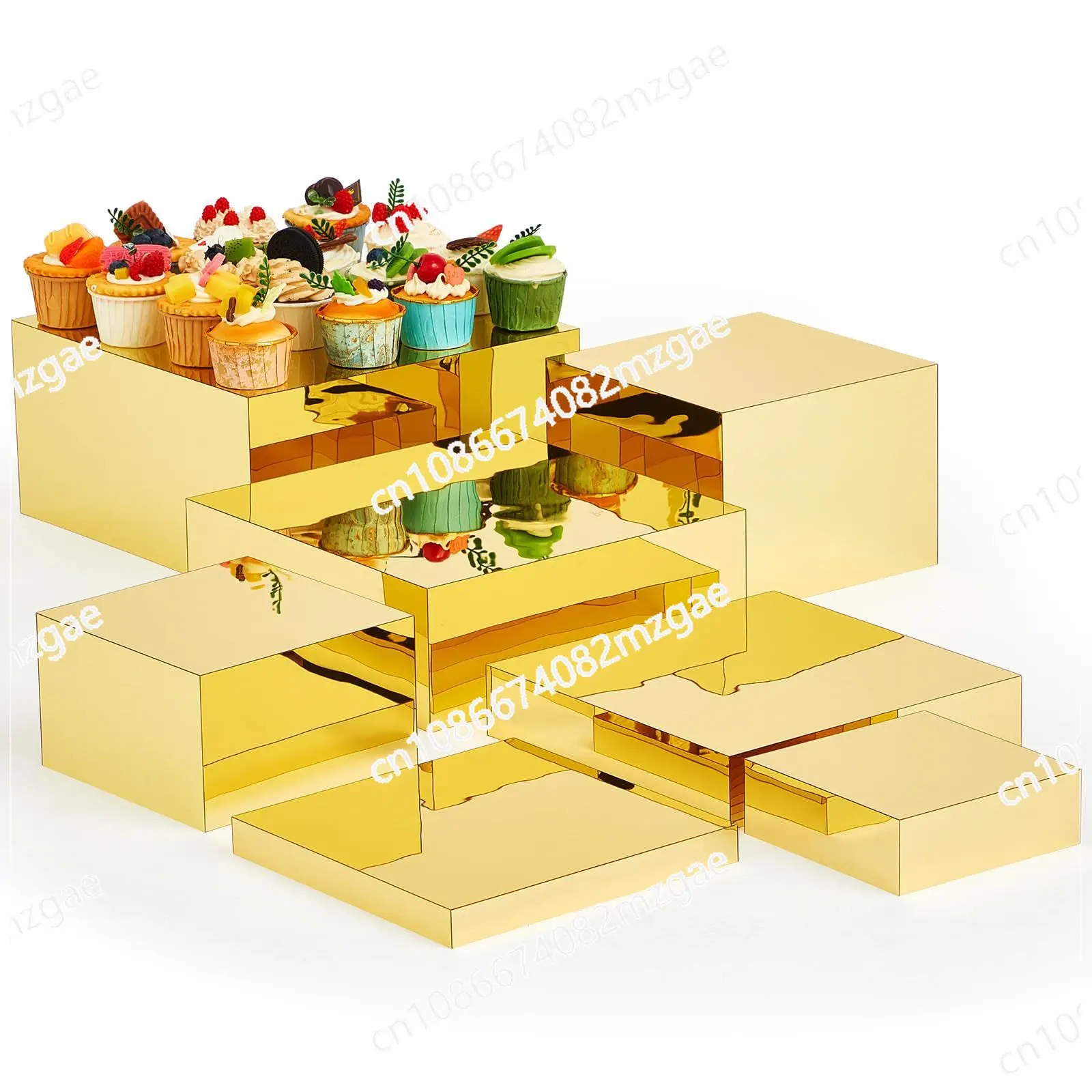 7-Piece gold display stand, cube box with hollow bottom inlaid acrylic bracket, suitable for wedding parties